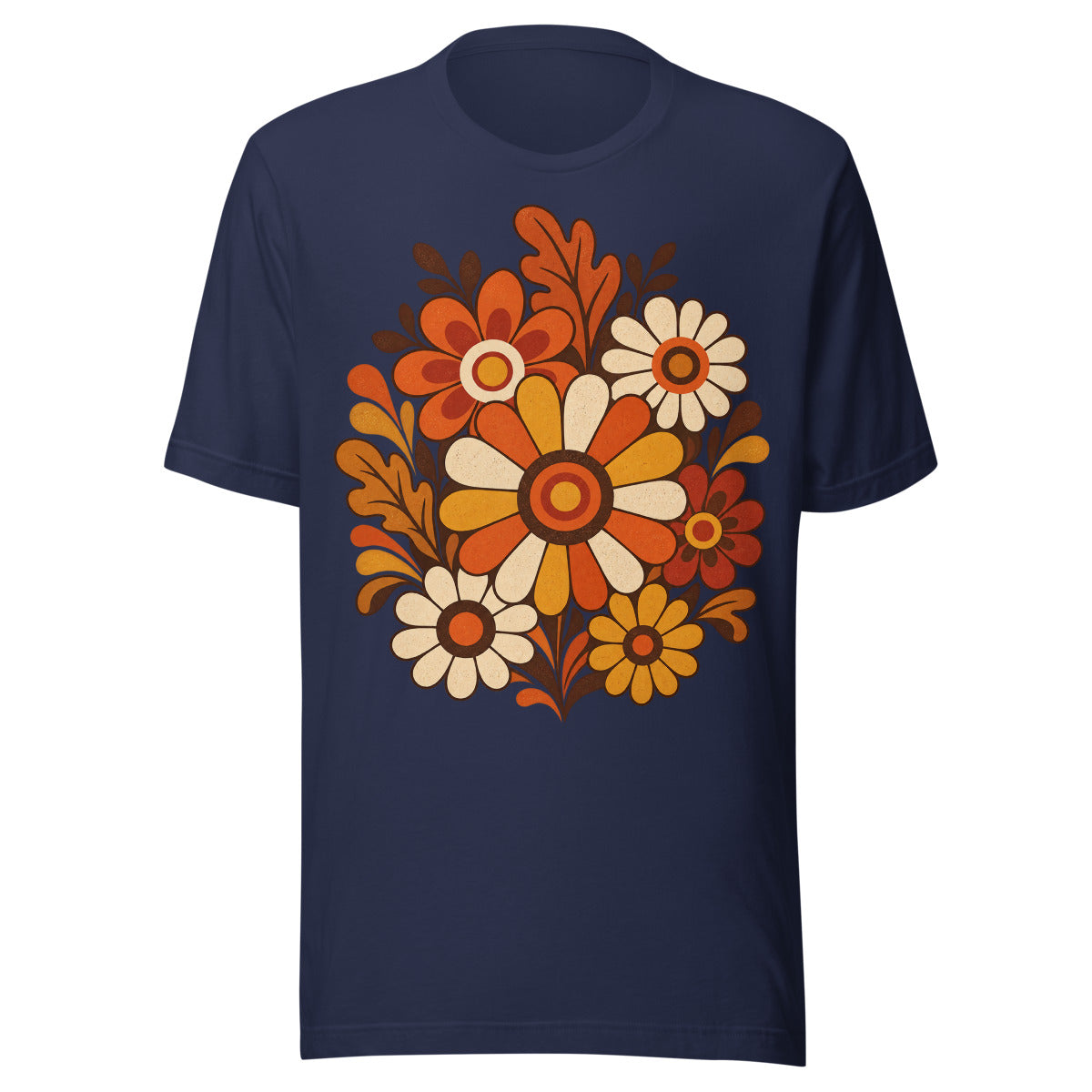 Stilisierter Blumenstrauß mit großen Blüten in Orange, Gelb und Creme, umgeben von dekorativen Blättern und geschwungenen Elementen in warmen Herbstfarben. – Unisex Staple T-Shirt | Bella + Canvas 3001
