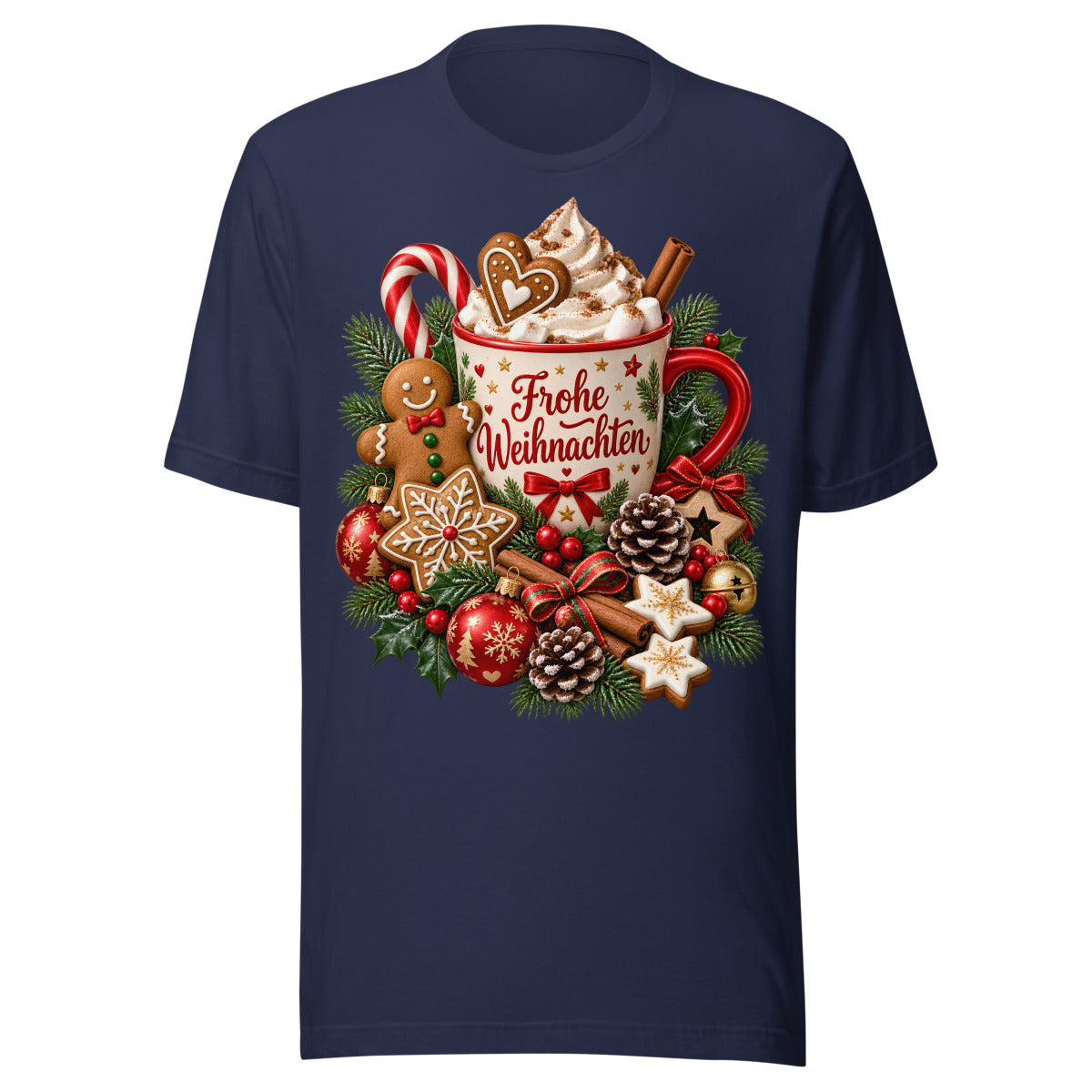 Weihnachtliche Tasse mit Kakao, Sahne, Marshmallows, Zimtstangen, Zuckerstange, Lebkuchenmännchen, Stern-Lebkuchen, Tannenzweigen, roten Beeren, Tannenzapfen, Weihnachtskugeln und Schriftzug Frohe Weihnachten auf einem Banner. – Unisex Staple T-Shirt | Bella + Canvas 3001