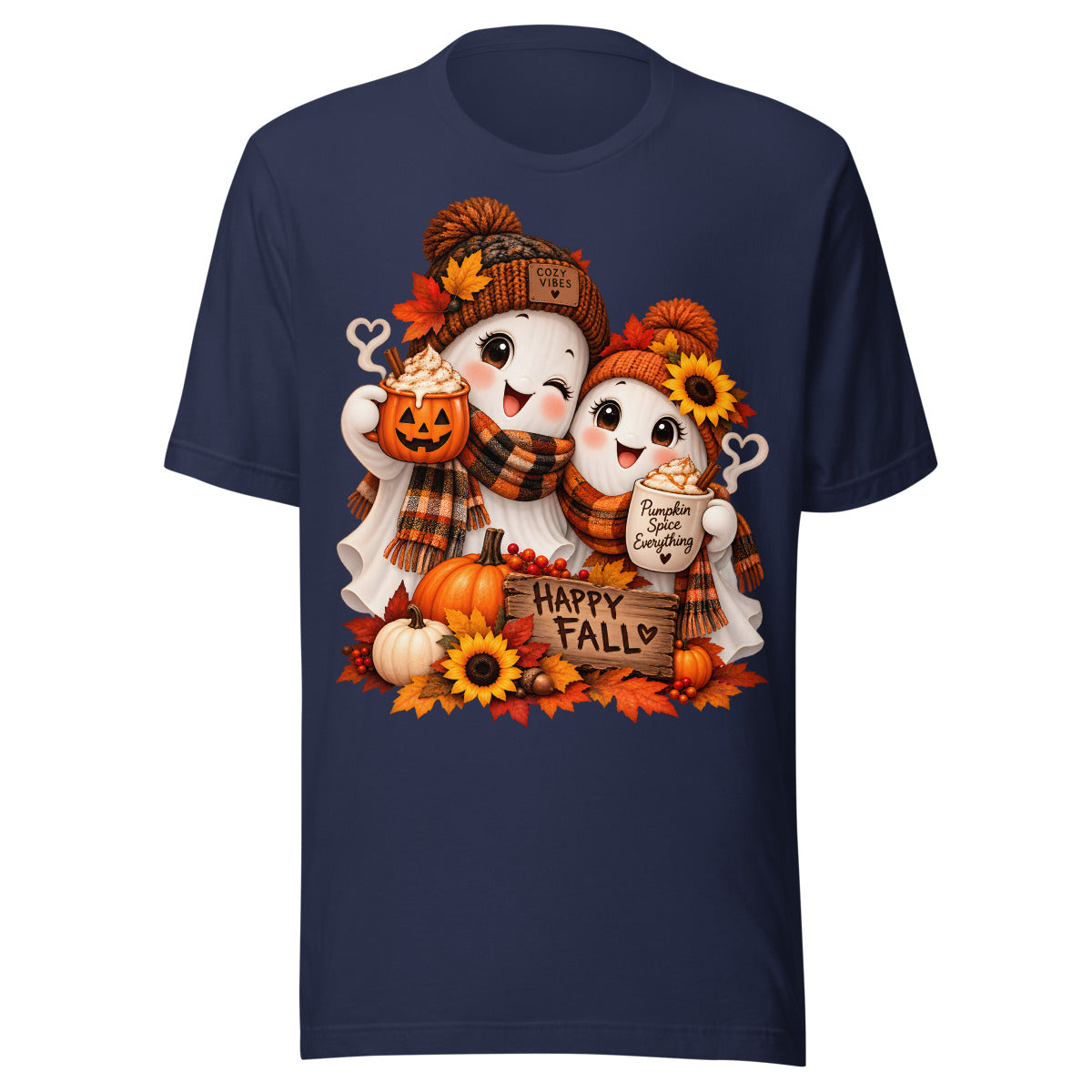 Zwei Geister mit Cozy-Vibes/Happy-Fall-Schrift. – Unisex Staple T-Shirt | Bella + Canvas 3001