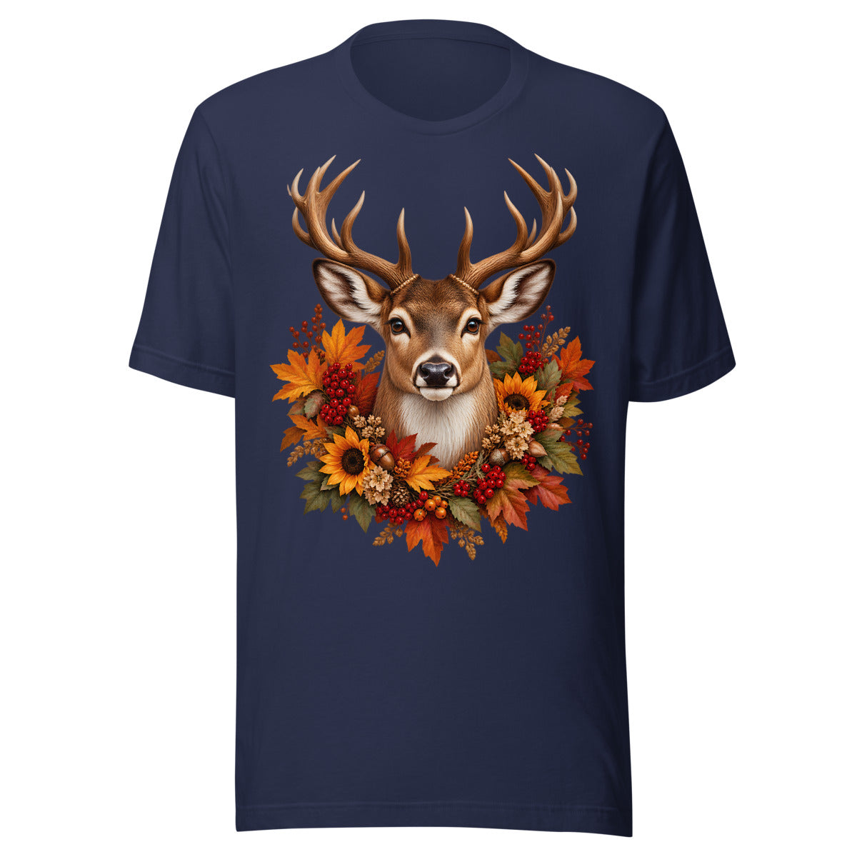 Hirschkopf mit Herbstblumen. – Unisex Staple T-Shirt | Bella + Canvas 3001