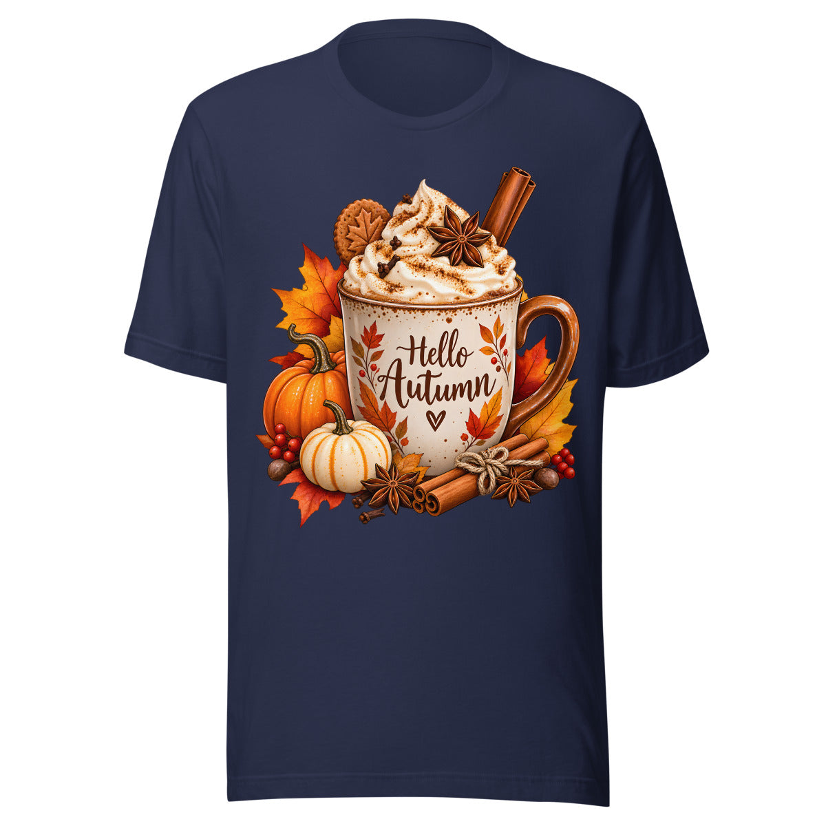 Tasse mit Sahne, Karamellsauce, Zimtstangen und Sternanis, umgeben von bunten Herbstblättern, Eicheln und roten Beeren. – Unisex Staple T-Shirt | Bella + Canvas 3001