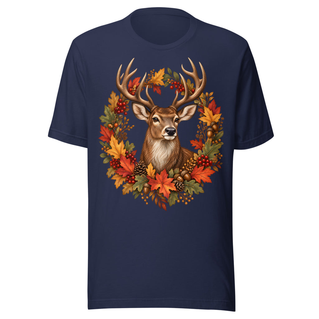 Realistisches Porträt eines Hirsches mit Geweih, geschmückt mit herbstlichen Blättern, roten Beeren, Eicheln und Blumen, vor hellem und dunklem Hintergrund. – Unisex Staple T-Shirt | Bella + Canvas 3001