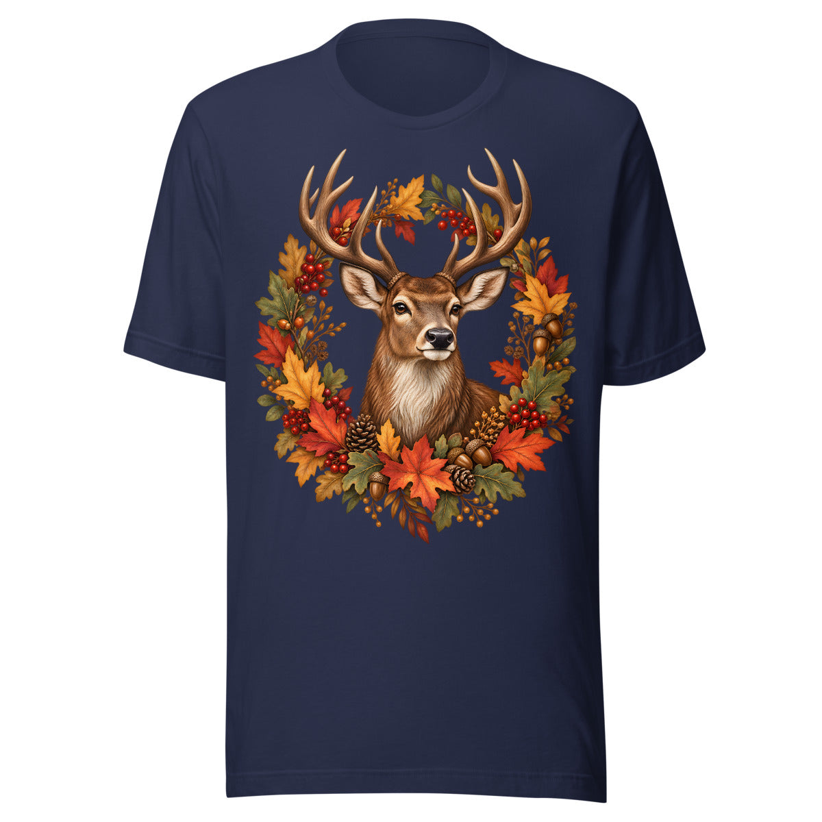 Realistisches Porträt eines Hirsches mit Geweih, geschmückt mit herbstlichen Blättern, roten Beeren, Eicheln und Blumen, vor hellem und dunklem Hintergrund. – Unisex Staple T-Shirt | Bella + Canvas 3001