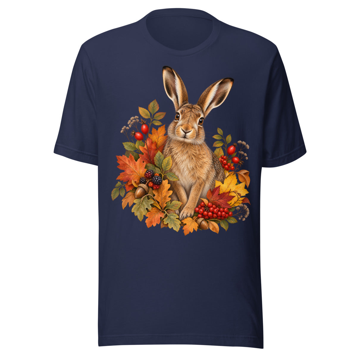 Realistisch gezeichneter Feldhase sitzt umgeben von orange-rotem Herbstlaub, Eicheln, Kiefernzapfen und roten Beeren auf weißem bzw. dunklem Hintergrund. – Unisex Staple T-Shirt | Bella + Canvas 3001