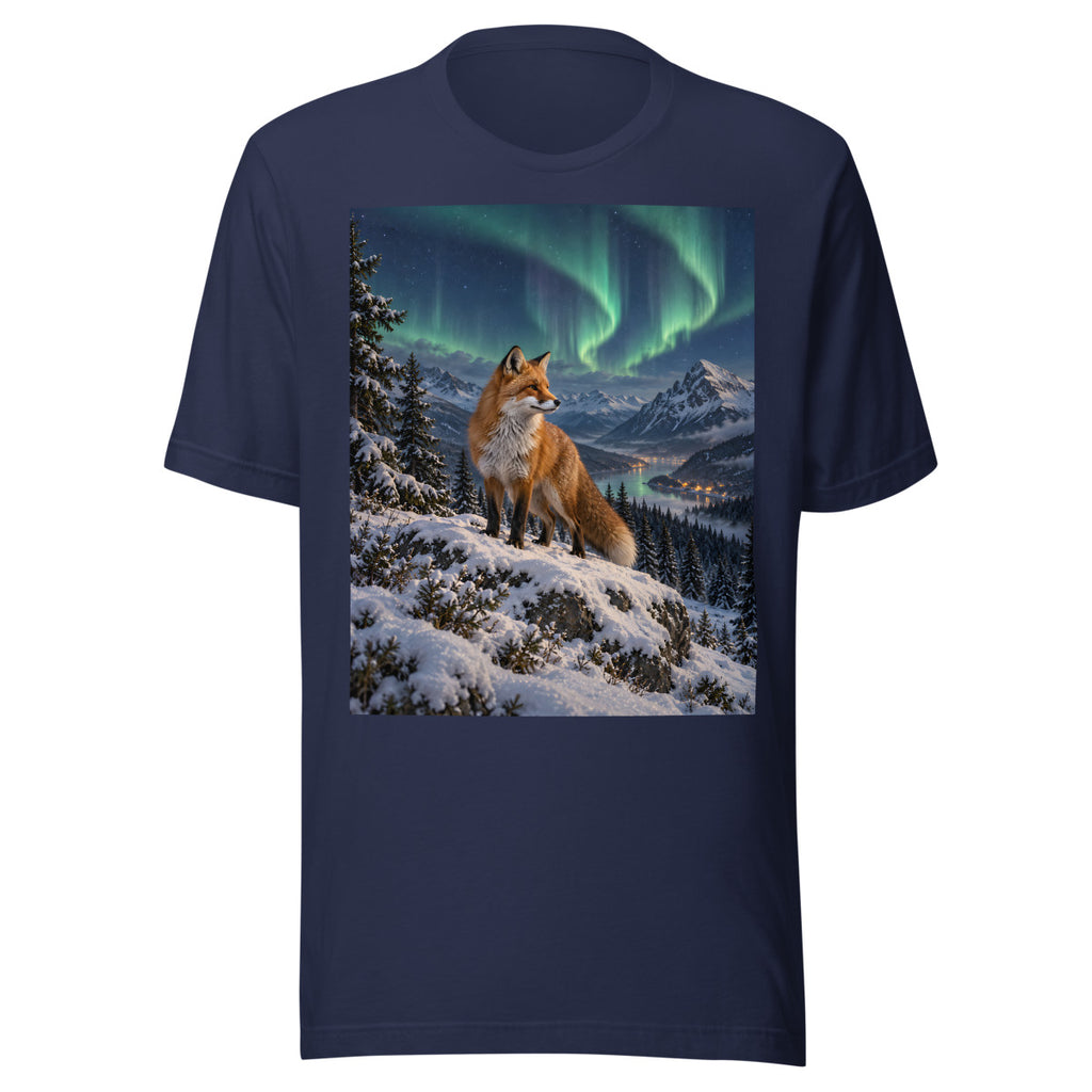 Winterfuchs unter Nordlichtern – T-Shirt – großer Frontdruck