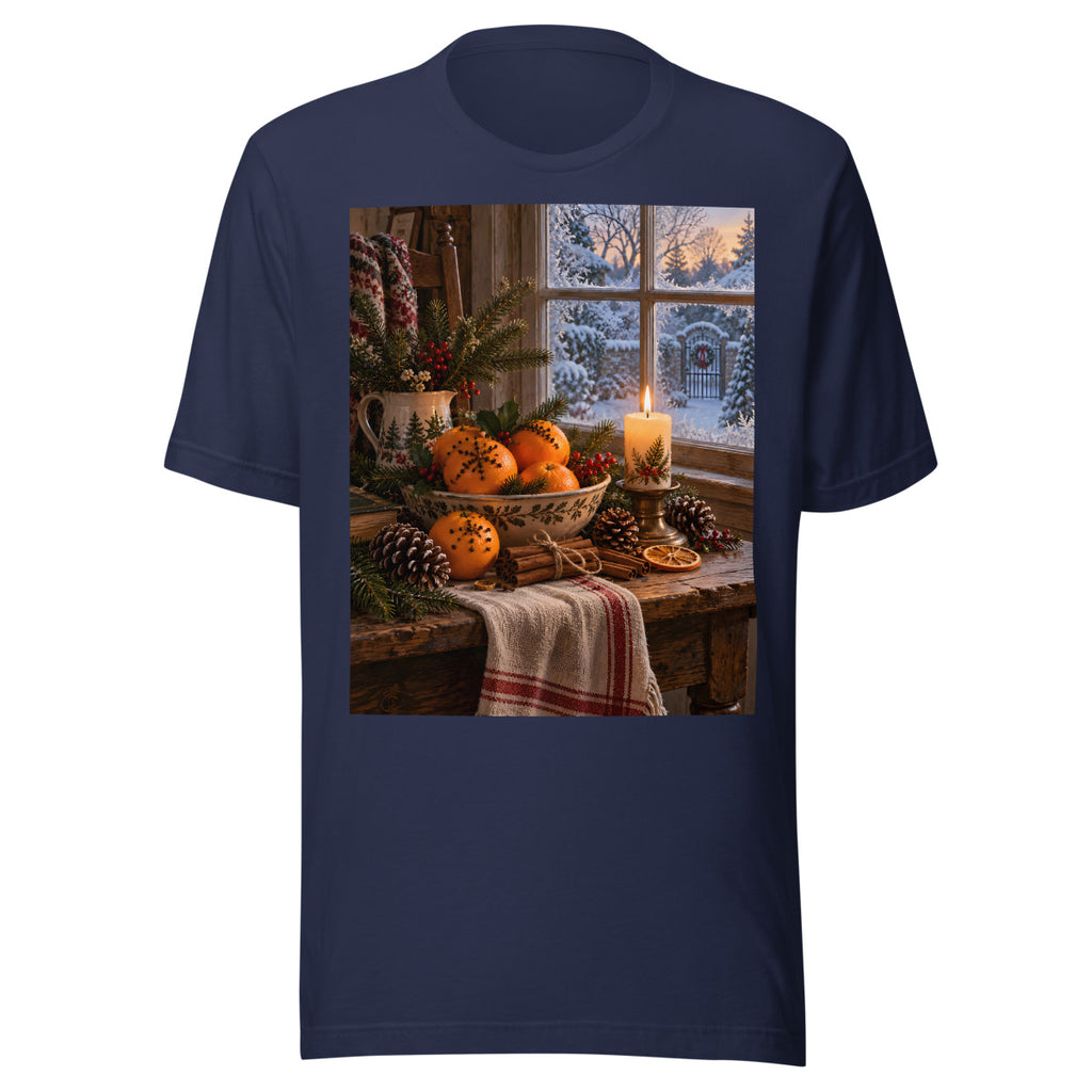 Orangen und Zimt im Kerzenlicht – T-Shirt – großer Frontdruck