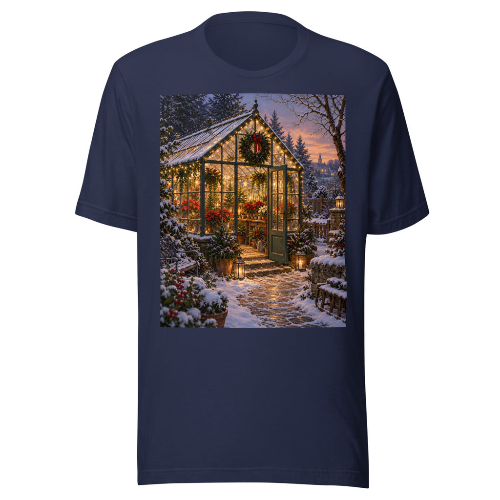 Festliches Gewächshaus im Schnee – T-Shirt – großer Frontdruck