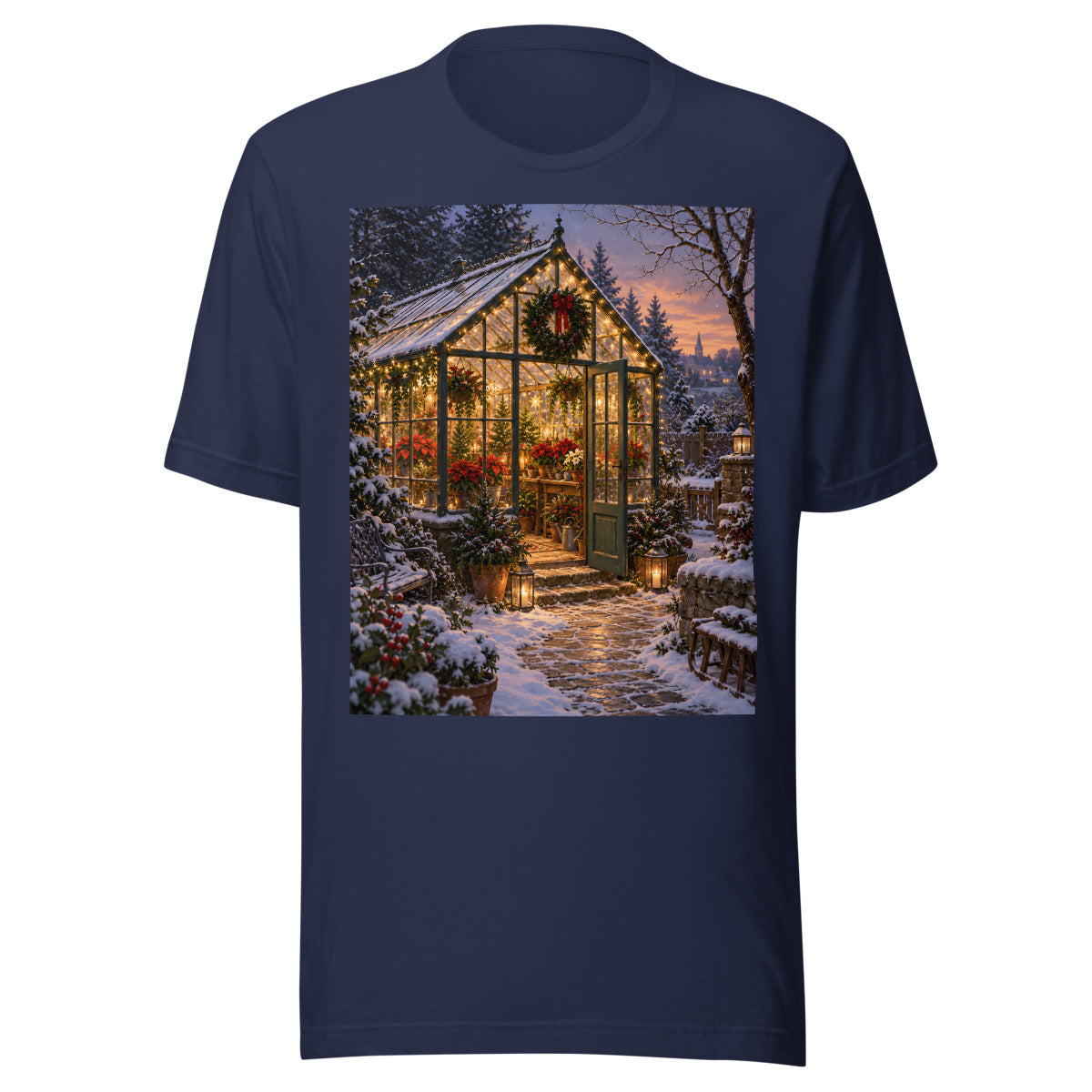 Festliches Gewächshaus im Schnee – T-Shirt – großer Frontdruck
