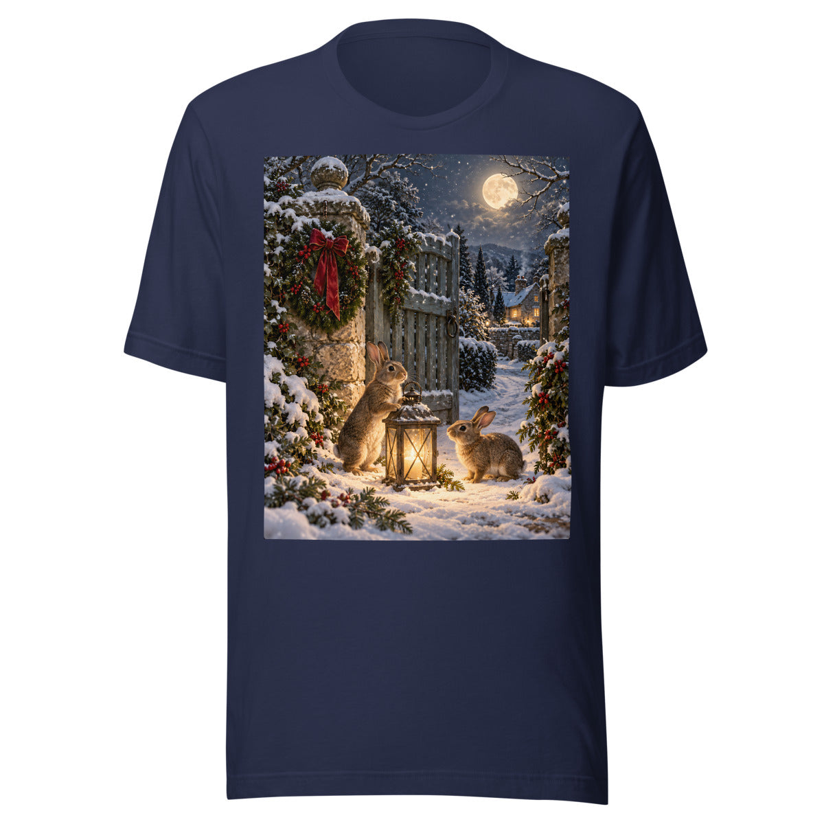 Winterhasen am Gartentor – T-Shirt – großer Frontdruck
