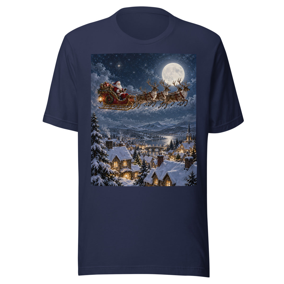 Weihnachtsschlitten über verschneiten Dächern – T-Shirt – großer Frontdruck