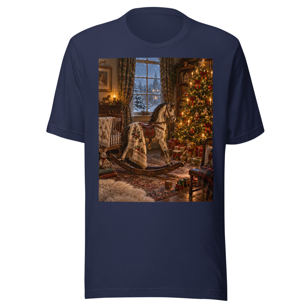 Schaukelpferd am Weihnachtsbaum – T-Shirt – großer Frontdruck