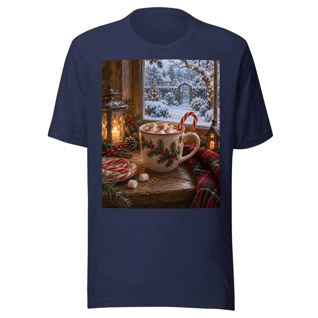 Weihnachtlicher Kakao am Fenster – T-Shirt – großer Frontdruck