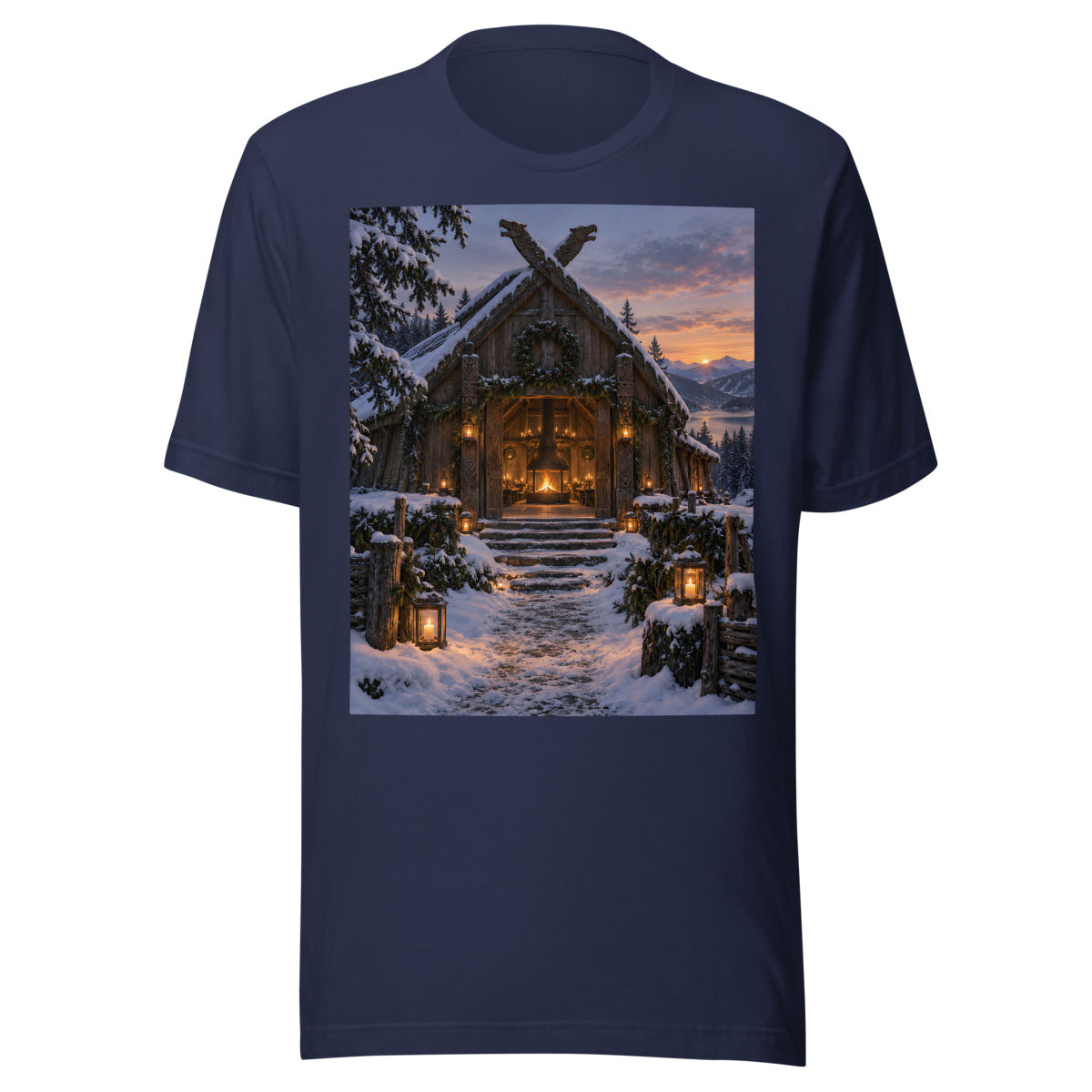 Wikingerhalle zur Wintersonnenwende – T-Shirt – großer Frontdruck