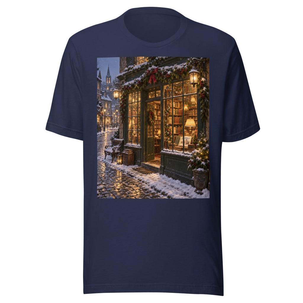Weihnachtlicher Buchladen im Schnee – T-Shirt – großer Frontdruck