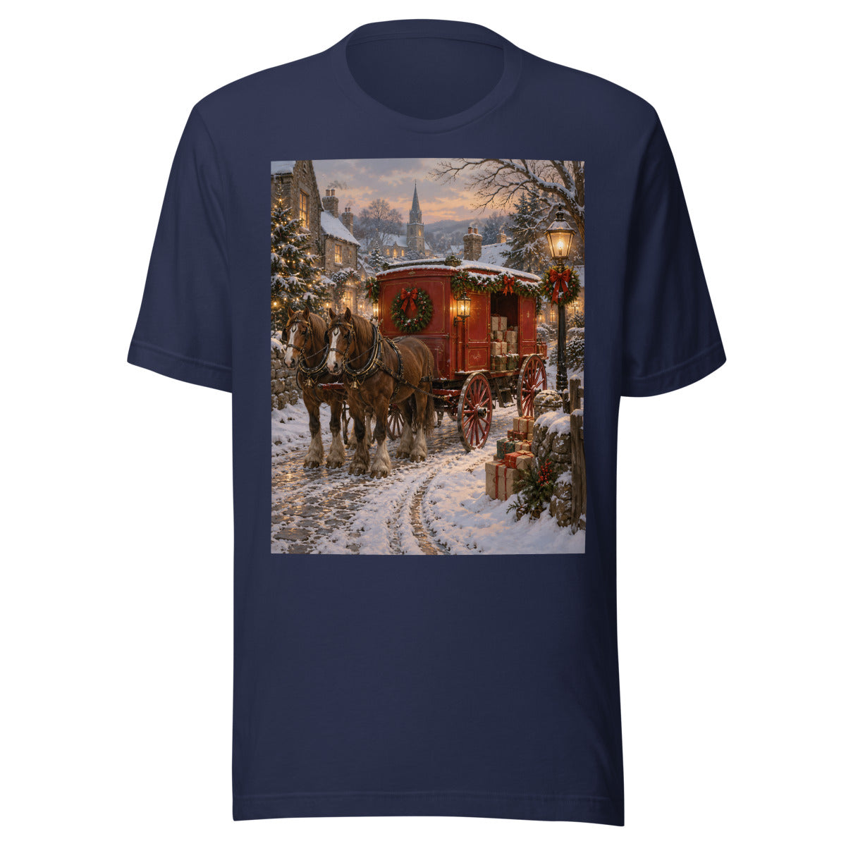 Rote Postkutsche im Schnee – T-Shirt – großer Frontdruck
