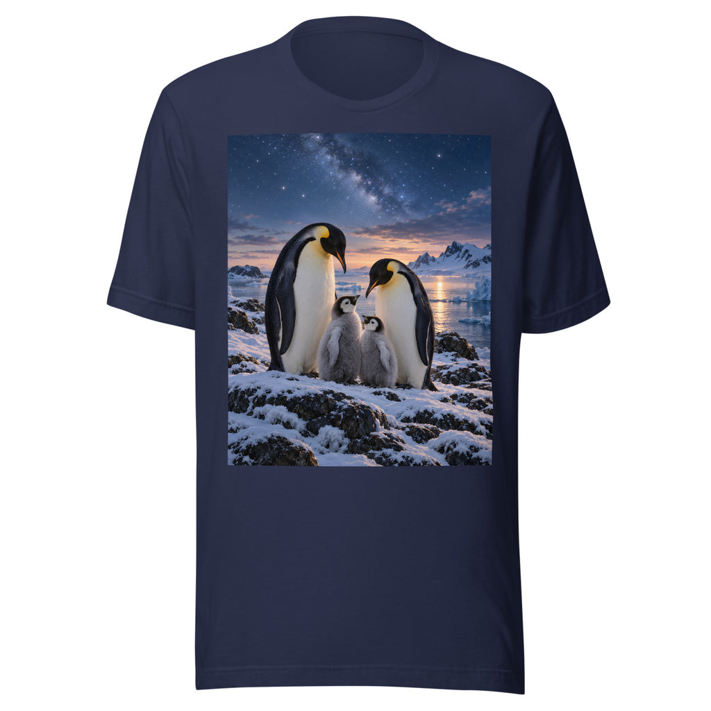 Pinguinfamilie unter Wintersternen – T-Shirt – großer Frontdruck