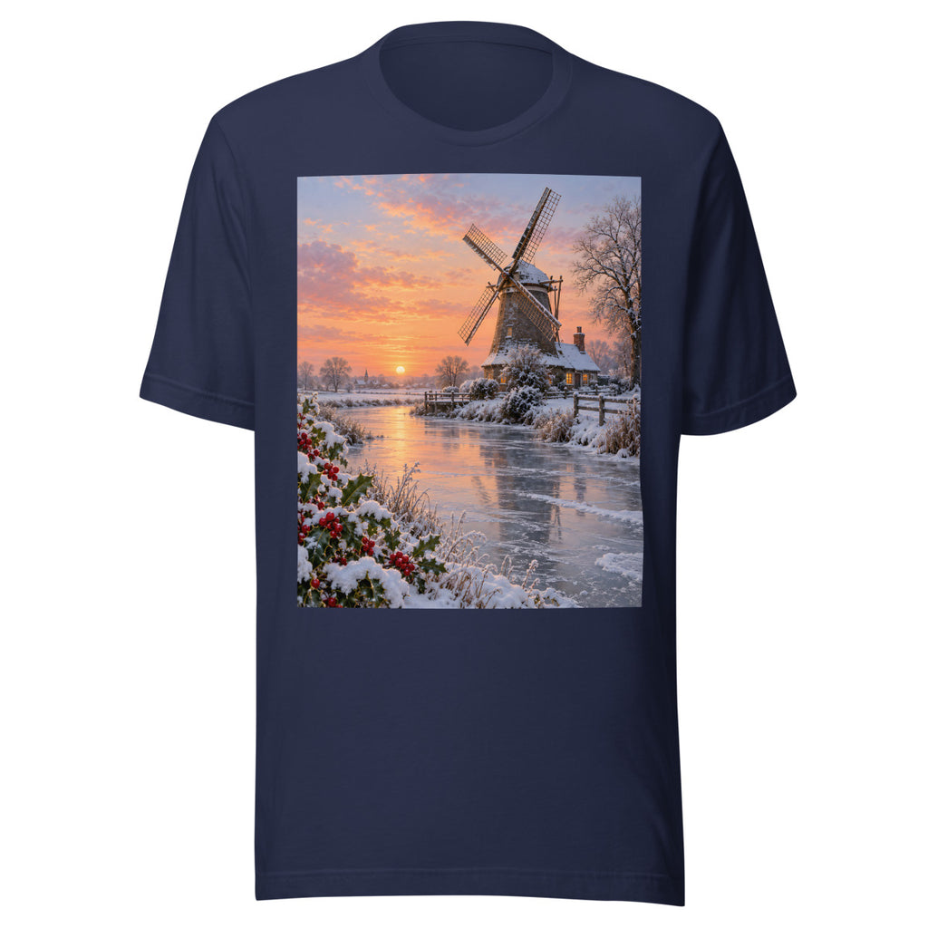Verschneite Windmühle im Morgenlicht – T-Shirt – großer Frontdruck