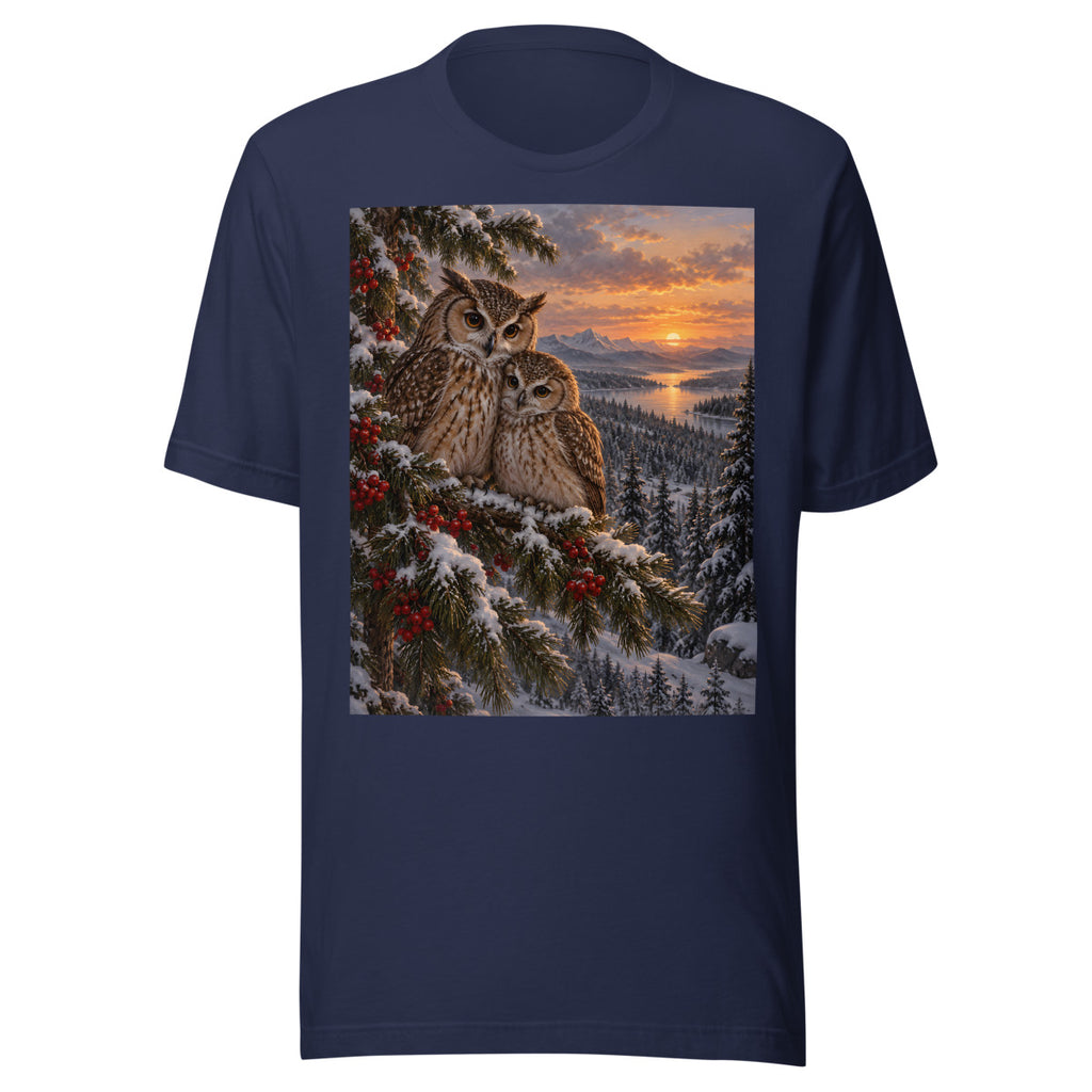 Wintereulen im Tannenwald – T-Shirt – großer Frontdruck