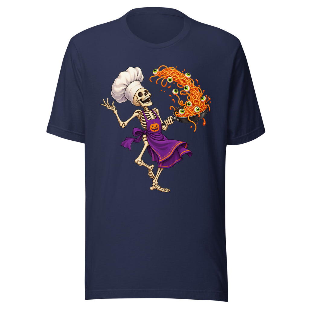 Skelettkoch mit Augenpasta – T-Shirt – großer Frontdruck