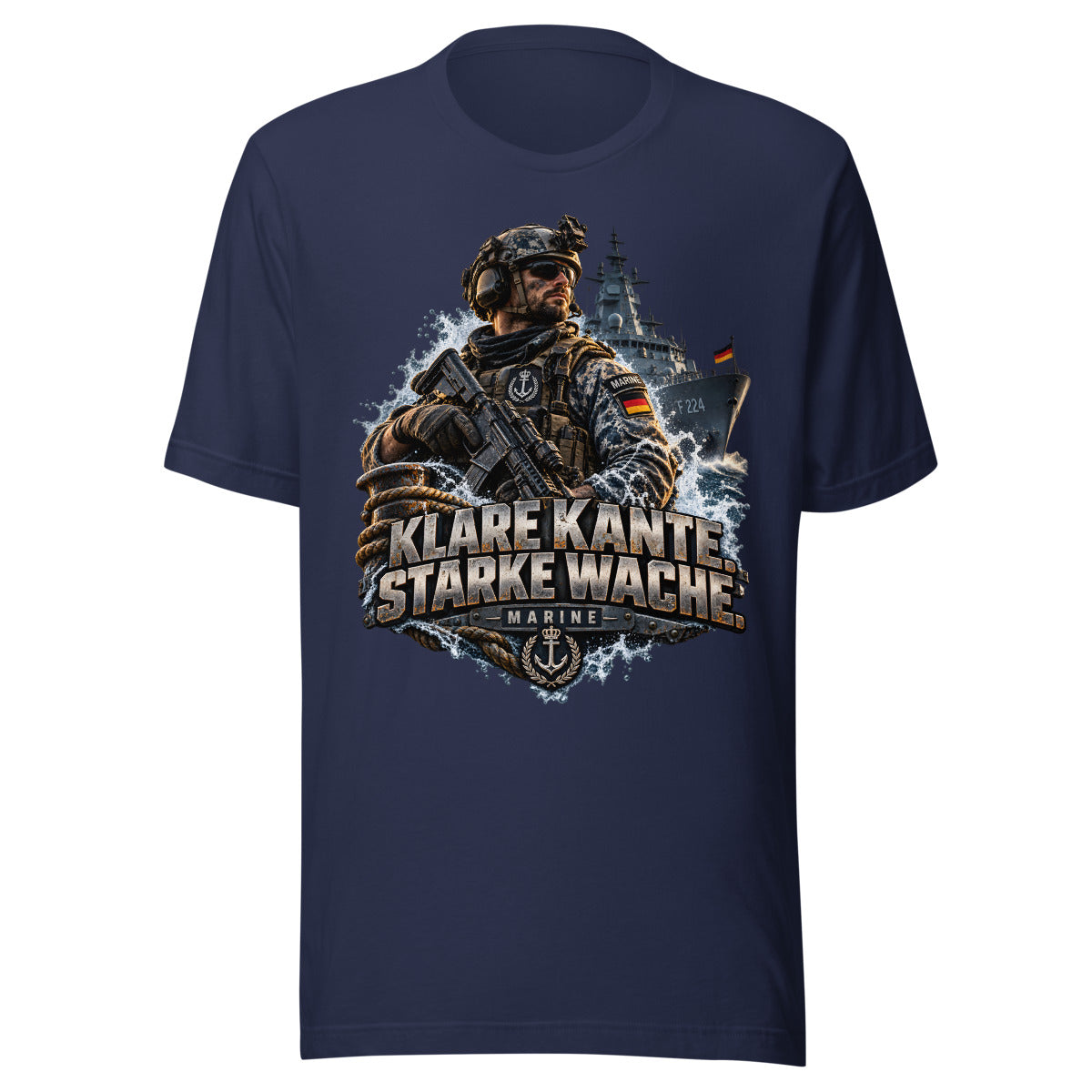 Marine Soldat mit Kriegsschiff – T-Shirt – großer Frontdruck