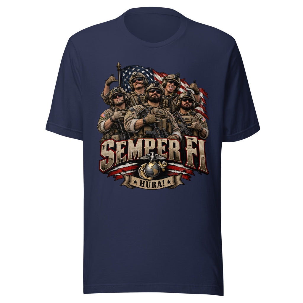 USMC Semper Fi Gruppe mit Flagge – T-Shirt – großer Frontdruck