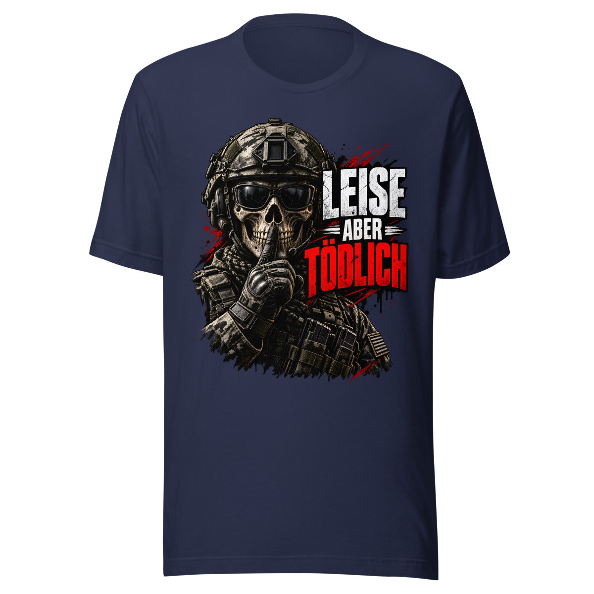 Soldat mit Totenschädel und Shushing-Geste – T-Shirt – großer Frontdruck