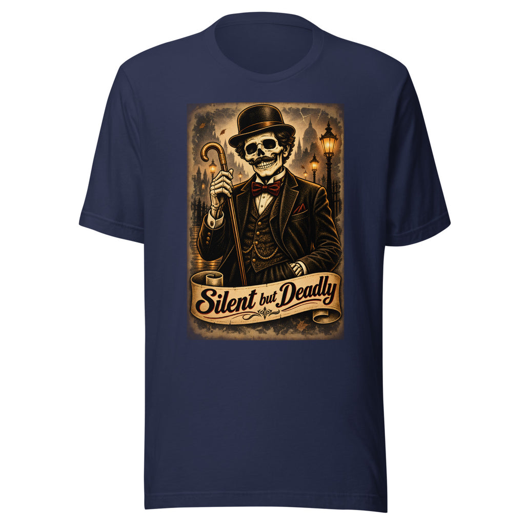 Skelett-Gentleman mit Zylinder und Gehstock – T-Shirt – großer Frontdruck