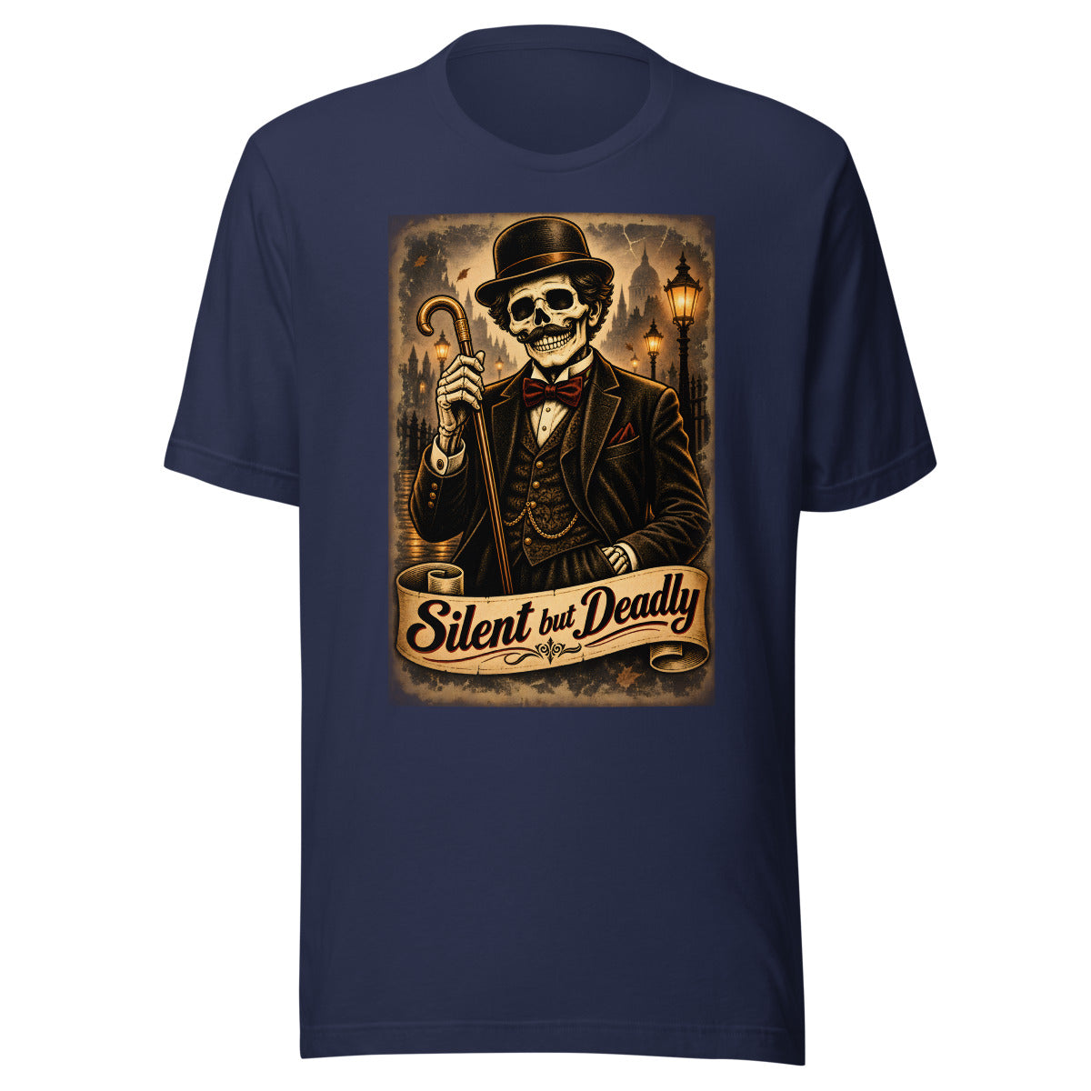Skelett-Gentleman mit Zylinder und Gehstock – T-Shirt – großer Frontdruck