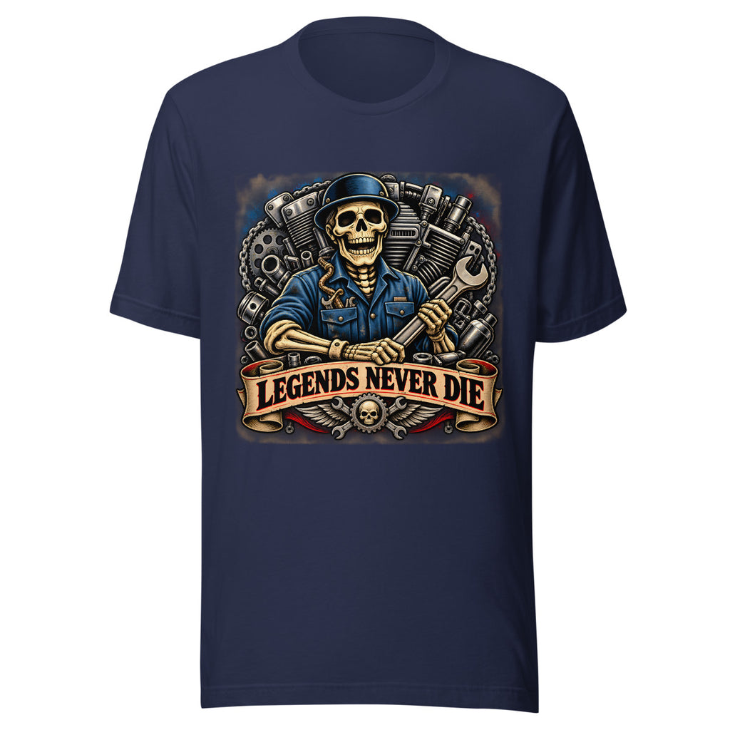Skelett-Mechaniker mit Schraubenschlüssel und Schriftzug – T-Shirt – großer Frontdruck