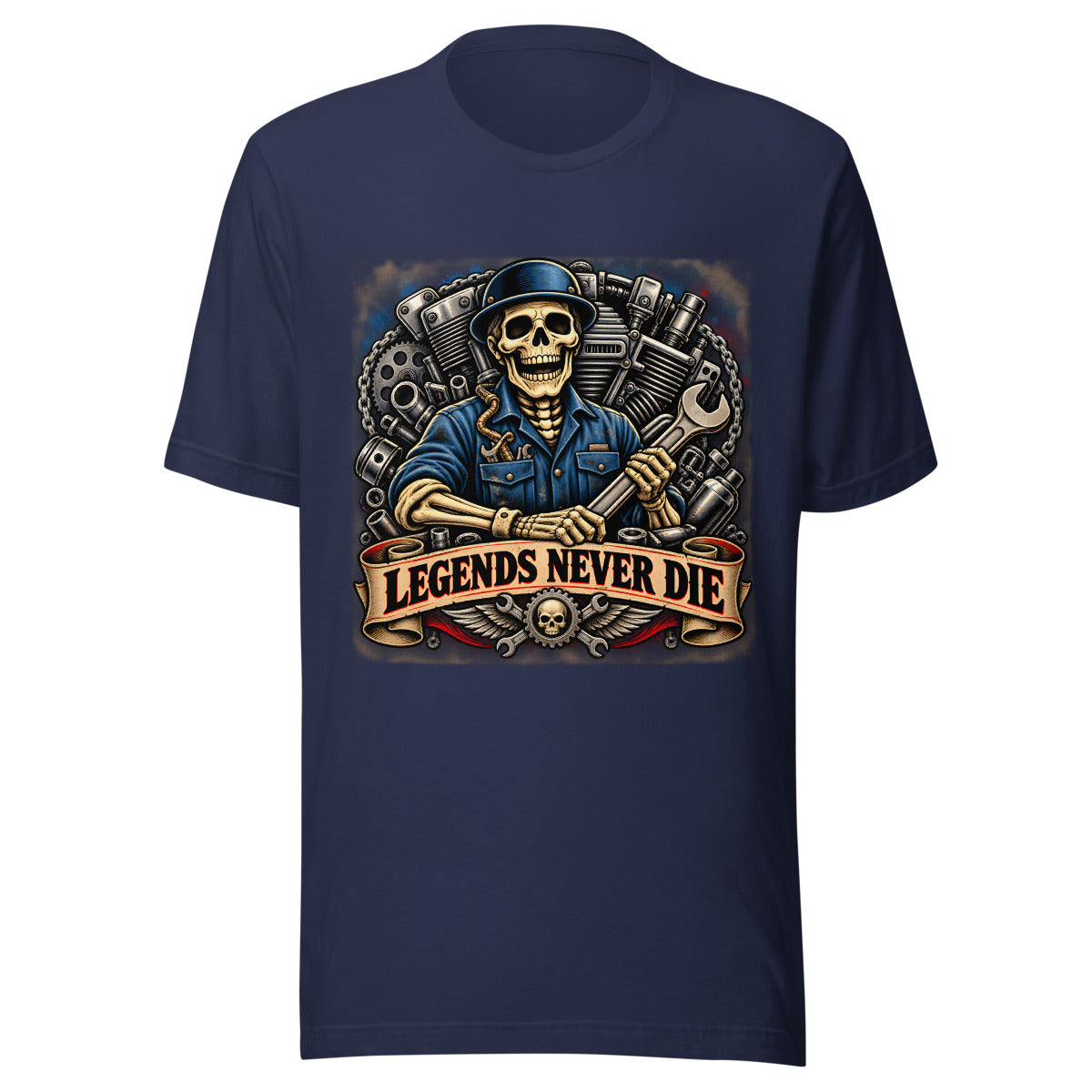 Skelett-Mechaniker mit Schraubenschlüssel und Schriftzug – T-Shirt – großer Frontdruck