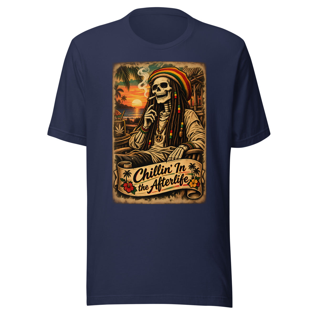 Skelett mit Rasta-Mütze am Strand – T-Shirt – großer Frontdruck