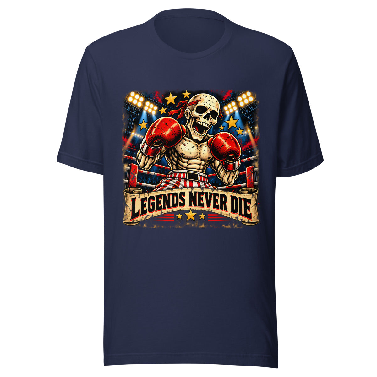 Boxskelett mit Schriftzug "Legends Never Die" – T-Shirt – großer Frontdruck