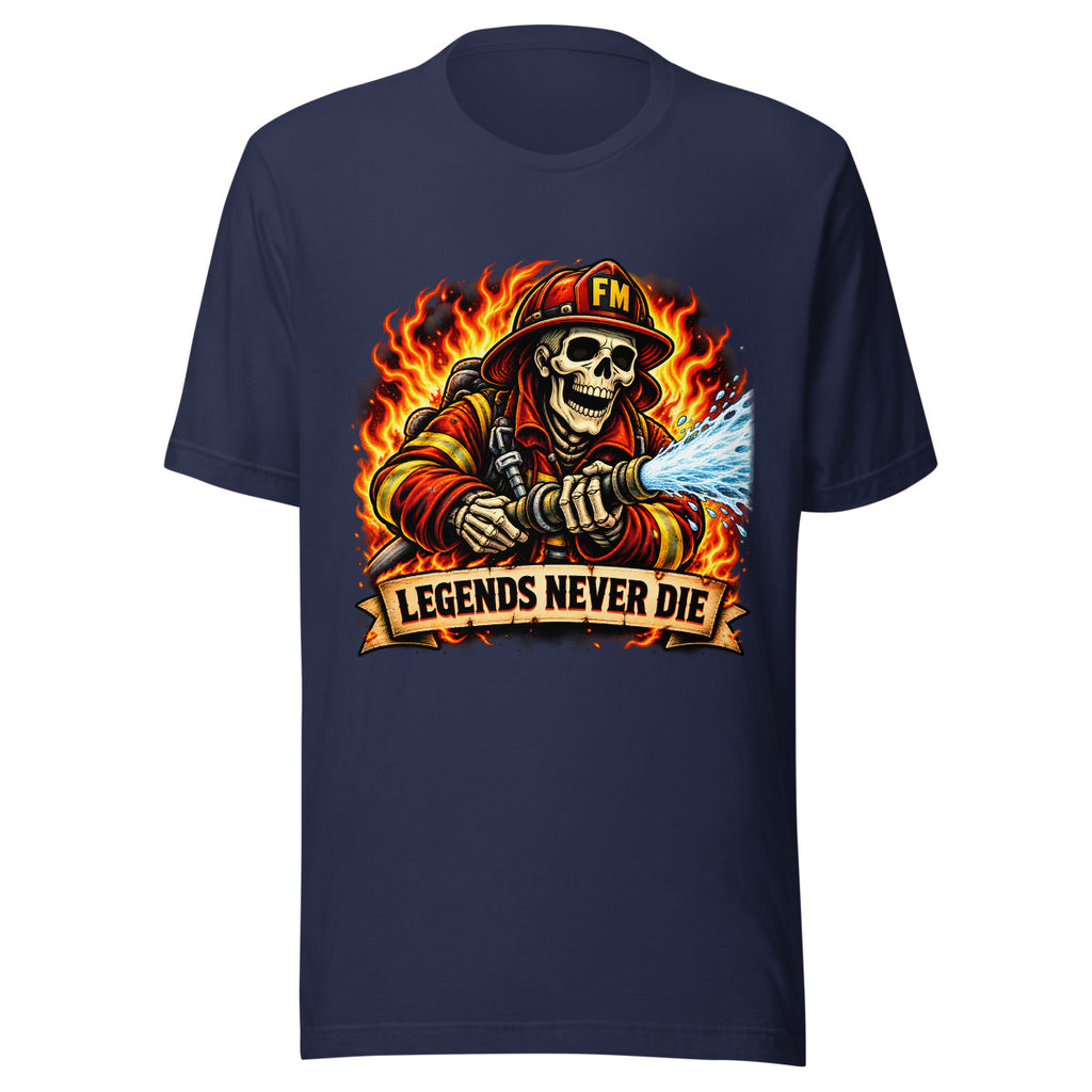 Feuerwehr-Skelett mit Schriftzug "Legends Never Die" – T-Shirt – großer Frontdruck