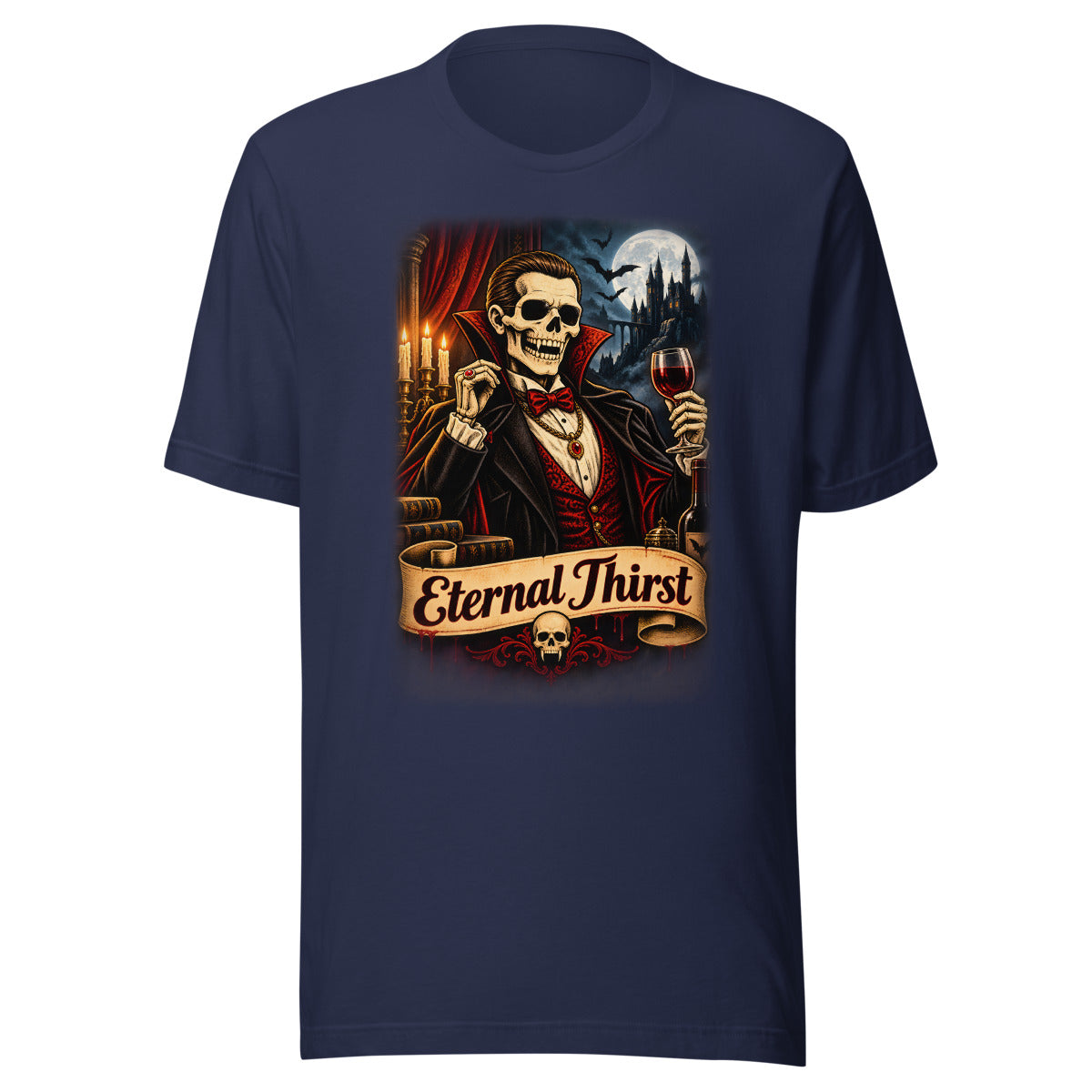 Vampir-Skelett mit Rotweinglas – T-Shirt – großer Frontdruck