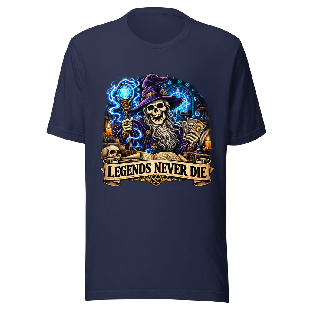 Skelett-Zauberer mit Schriftzug "Legends Never Die" – T-Shirt – großer Frontdruck