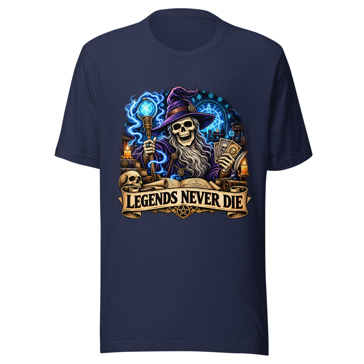 Skelett-Zauberer mit Schriftzug "Legends Never Die" – T-Shirt – großer Frontdruck