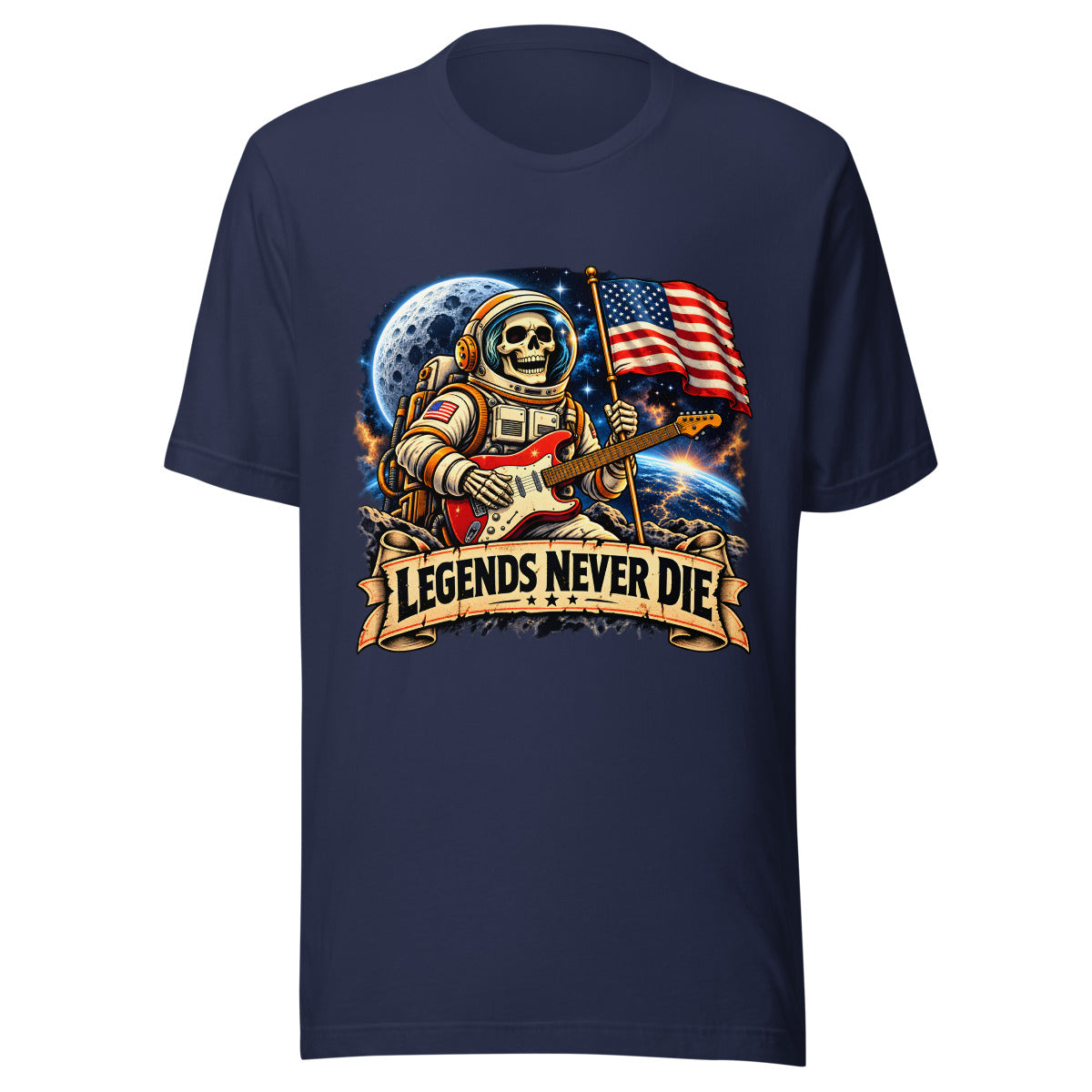 Legends Never Die - Astronaut mit Skelett und Gitarre – T-Shirt – großer Frontdruck