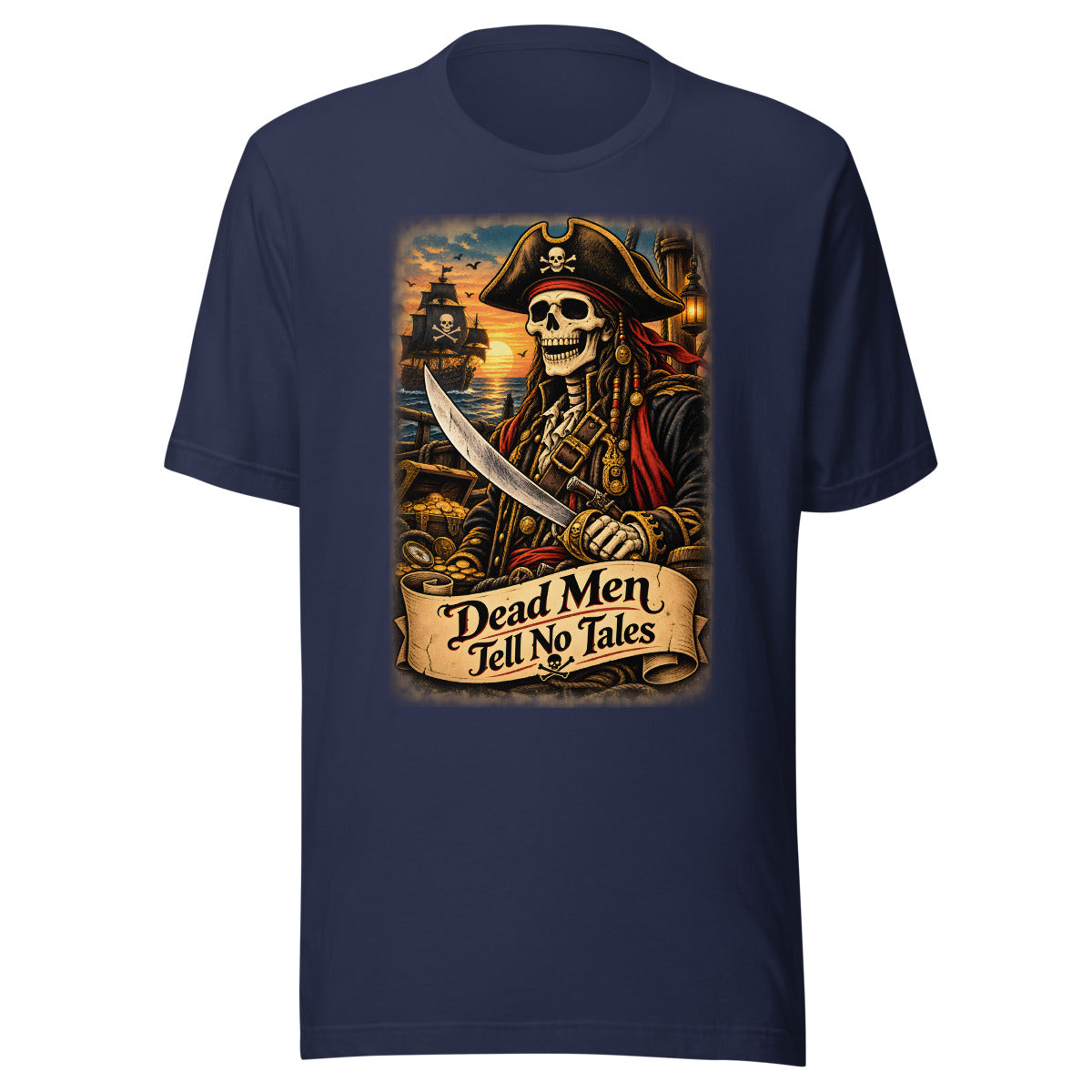 Piraten-Skelett mit Schriftzug "Dead Men Tell No Tales" – T-Shirt – großer Frontdruck