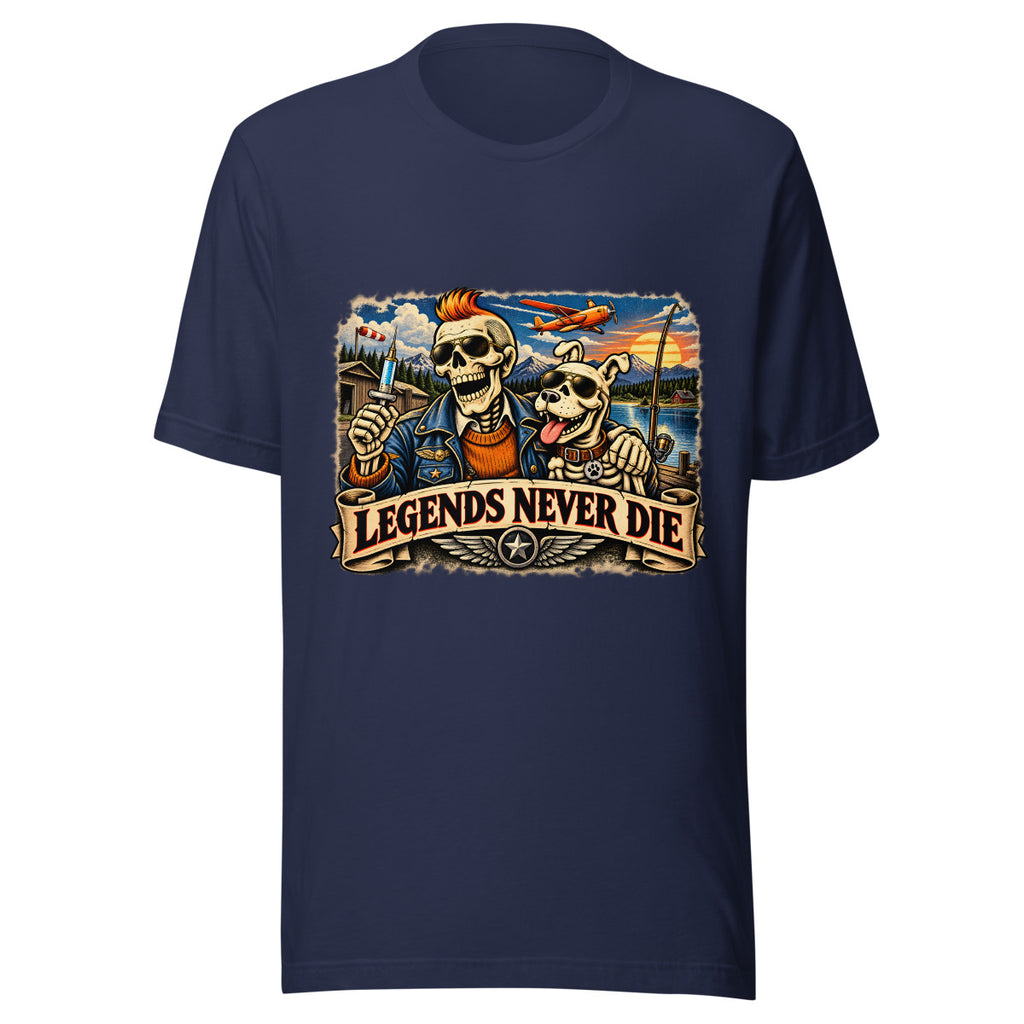 Legends Never Die mit Skelett und Hund – T-Shirt – großer Frontdruck