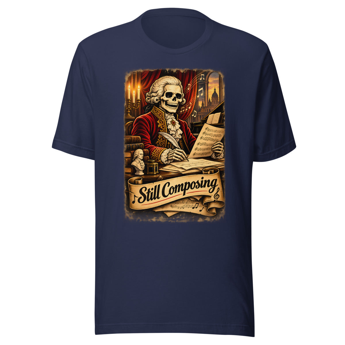 Skelett-Komponist "Still Composing" – T-Shirt – großer Frontdruck