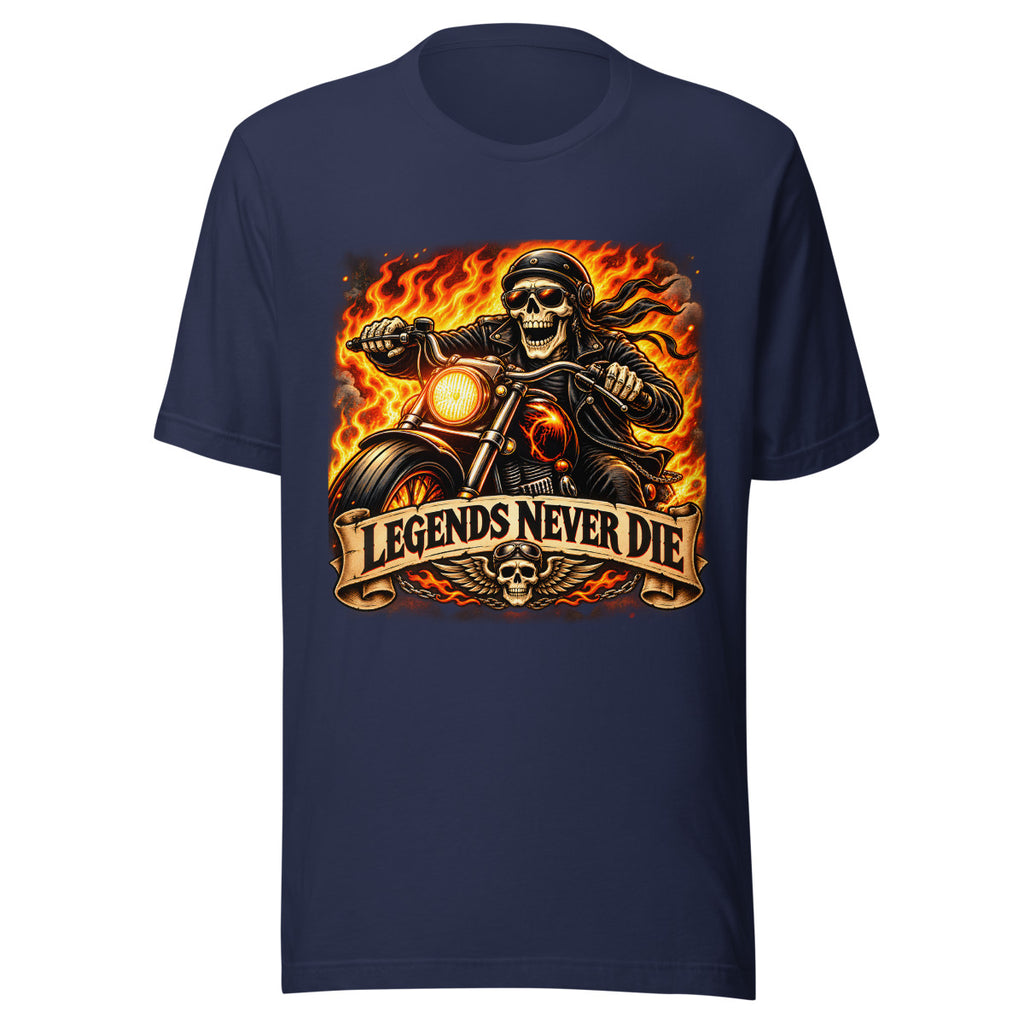 Skelett-Biker mit Flammen und Schriftzug – T-Shirt – großer Frontdruck