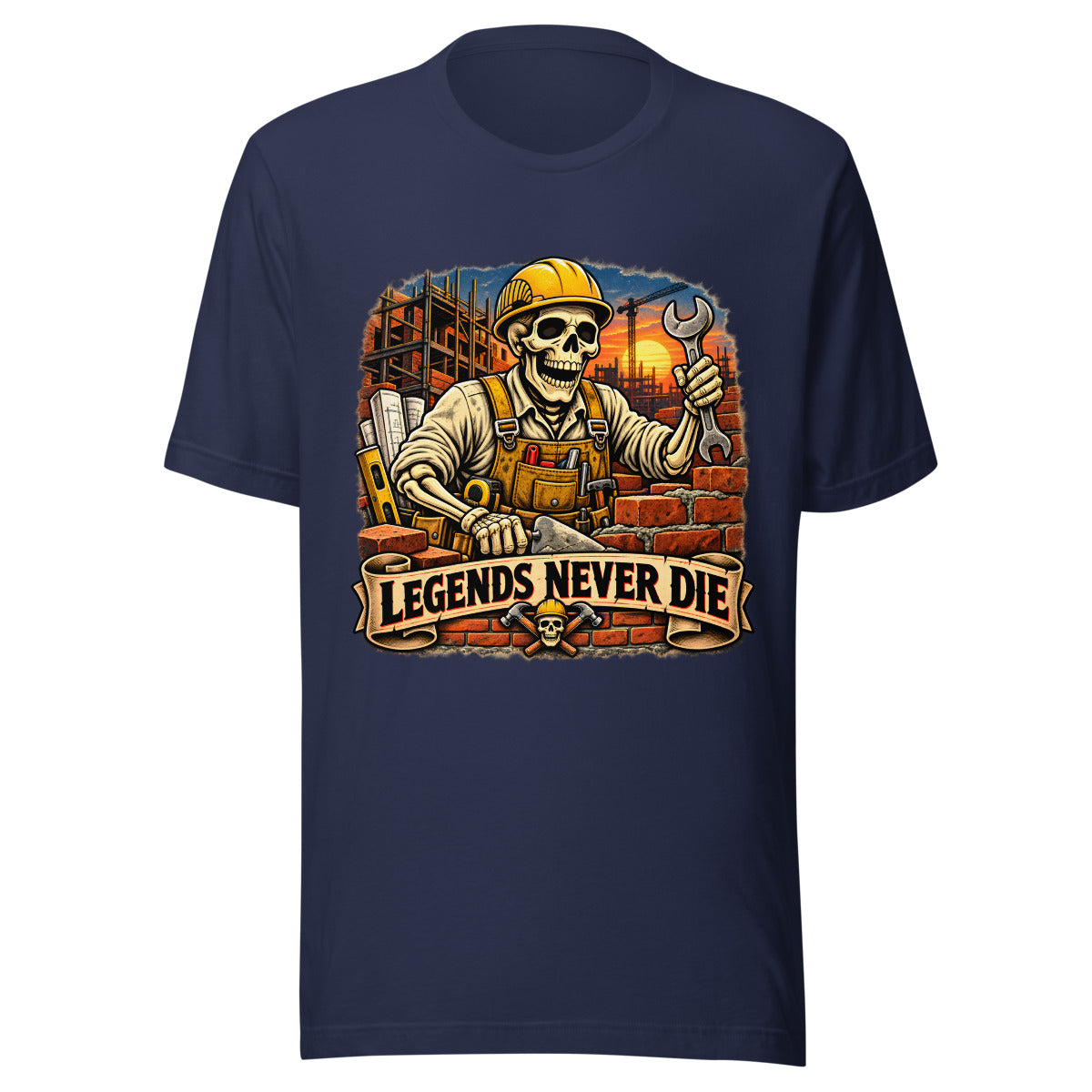 Skelett-Bauarbeiter mit Schriftzug "Legends Never Die" – T-Shirt – großer Frontdruck