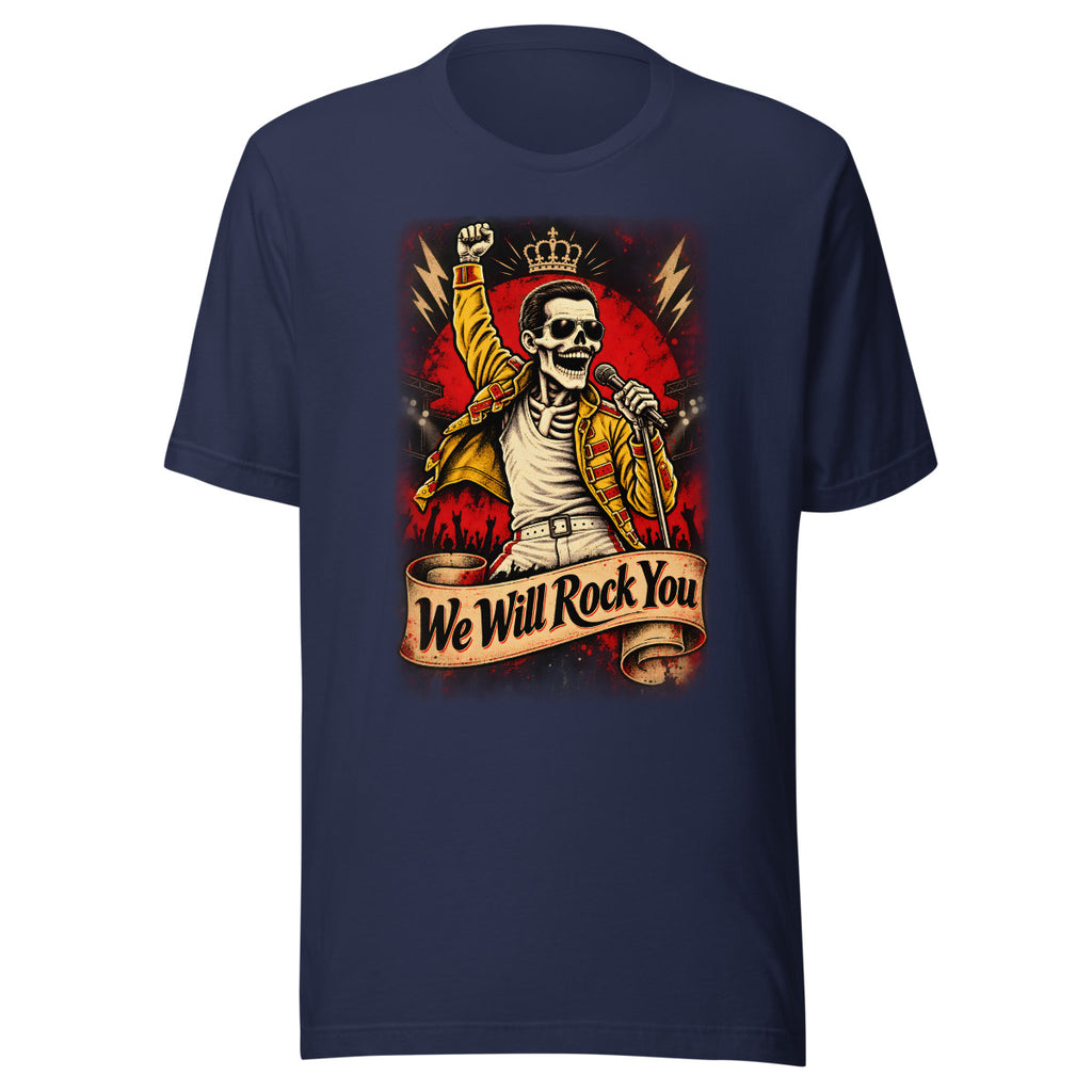 Skelett-Rocksänger mit Krone und Mikrofon – T-Shirt – großer Frontdruck