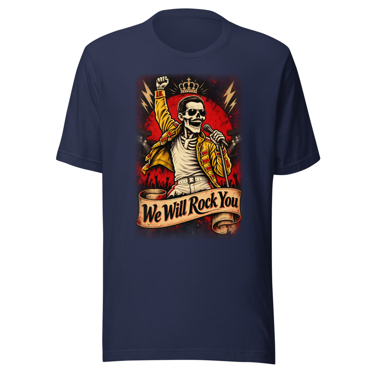 Skelett-Rocksänger mit Krone und Mikrofon – T-Shirt – großer Frontdruck