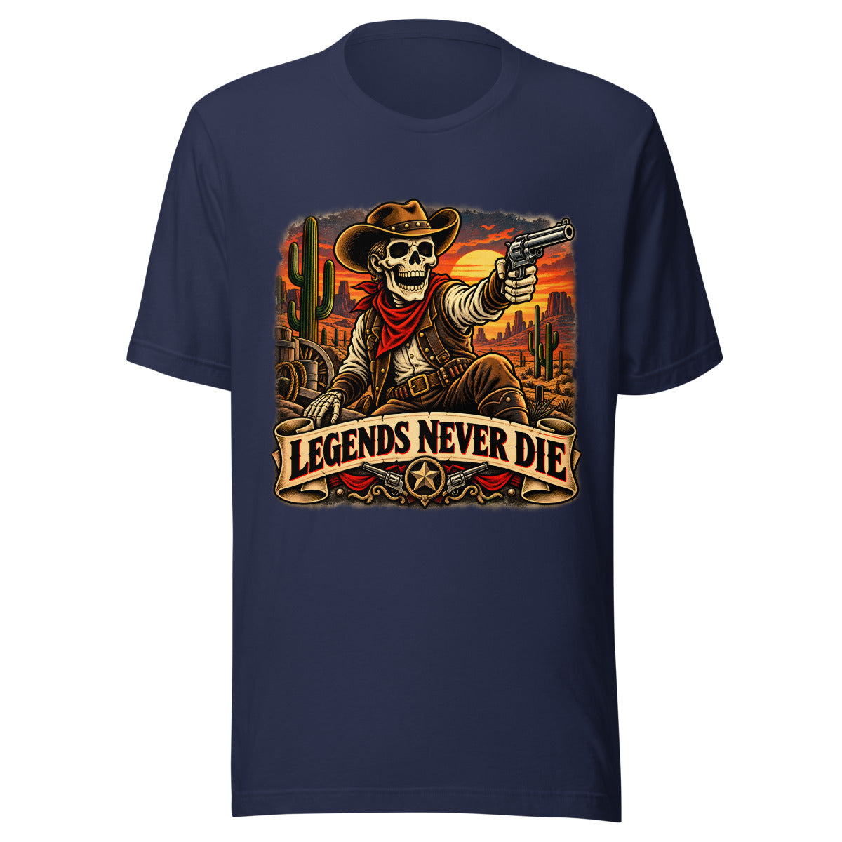 Western Skelett mit Revolver und Schriftzug – T-Shirt – großer Frontdruck