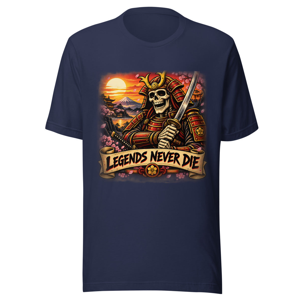 Skelett-Samurai mit Schriftzug "Legends Never Die" – T-Shirt – großer Frontdruck