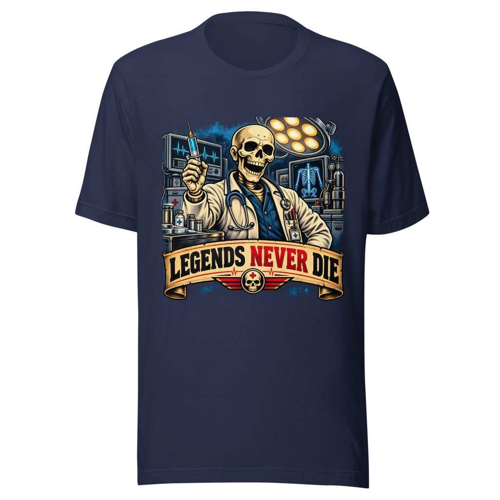 Skelett-Arzt mit Spritze und Schriftzug – T-Shirt – großer Frontdruck