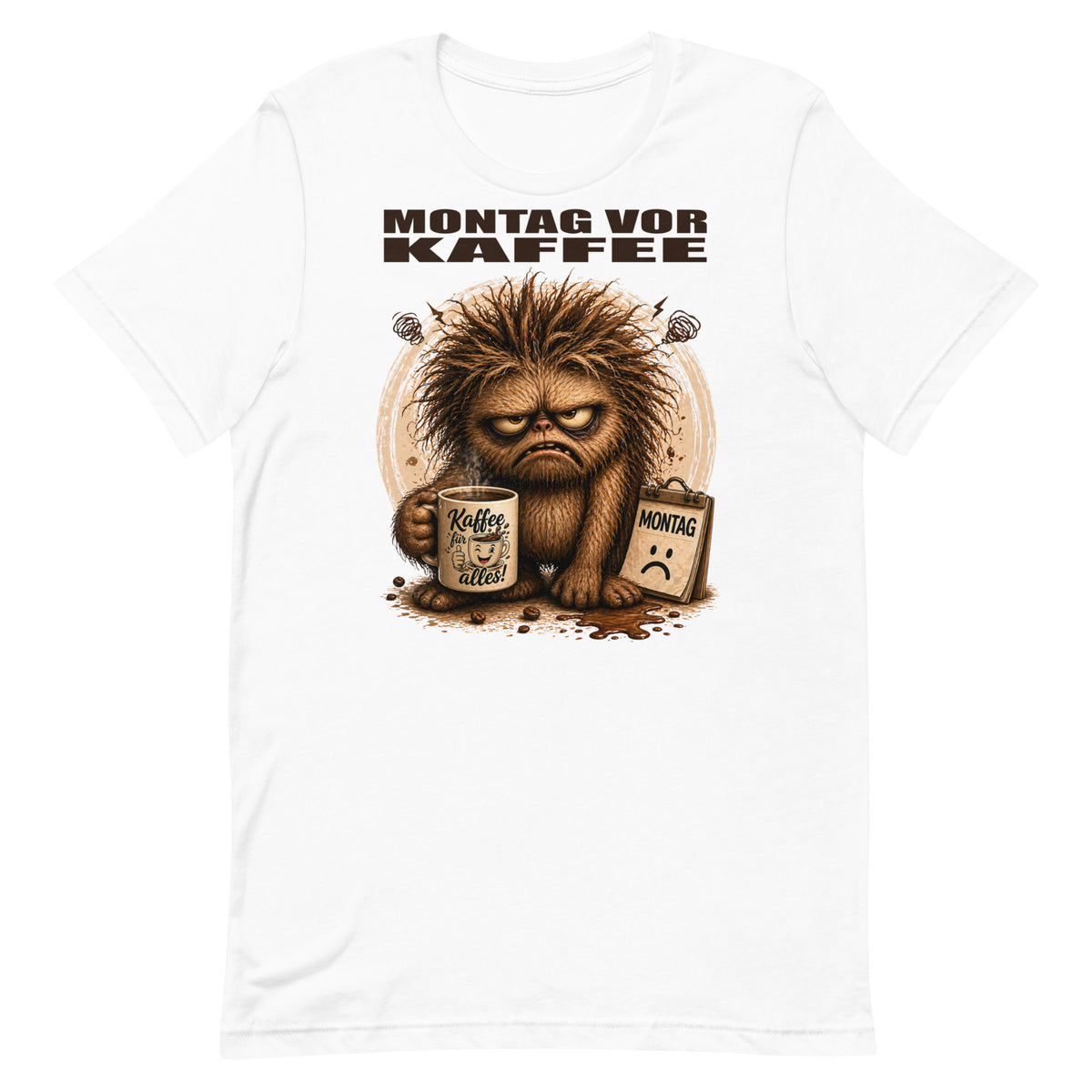 Montag vor Kaffee - Unisex T-Shirt in Weiß, großer Frontdruck - tatsächlicher Printful-Druck
