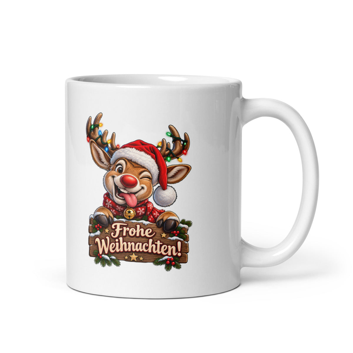 Weihnachtshirsch mit Frohe Weihnachten Schriftzug – 11oz Tasse