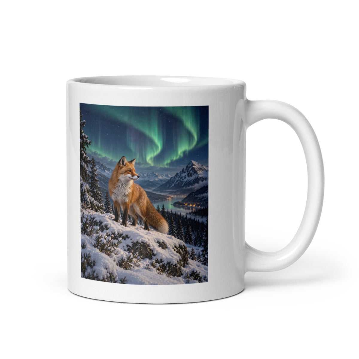 Winterfuchs unter Nordlichtern – Tasse 11oz